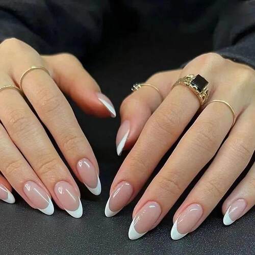 24Pcs French False Nails Almond Fake Nails with Glue Press o