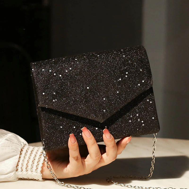 Black Messenger Crossbody Bag for Women Vintage Bling Sequin