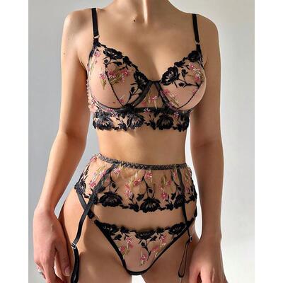 Erotic lingerie sexy female lace underwear three-piece set