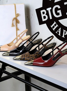 2629-A1欧美宴会高跟鞋细跟金属尖头漆皮后空后绊带高跟单鞋女鞋