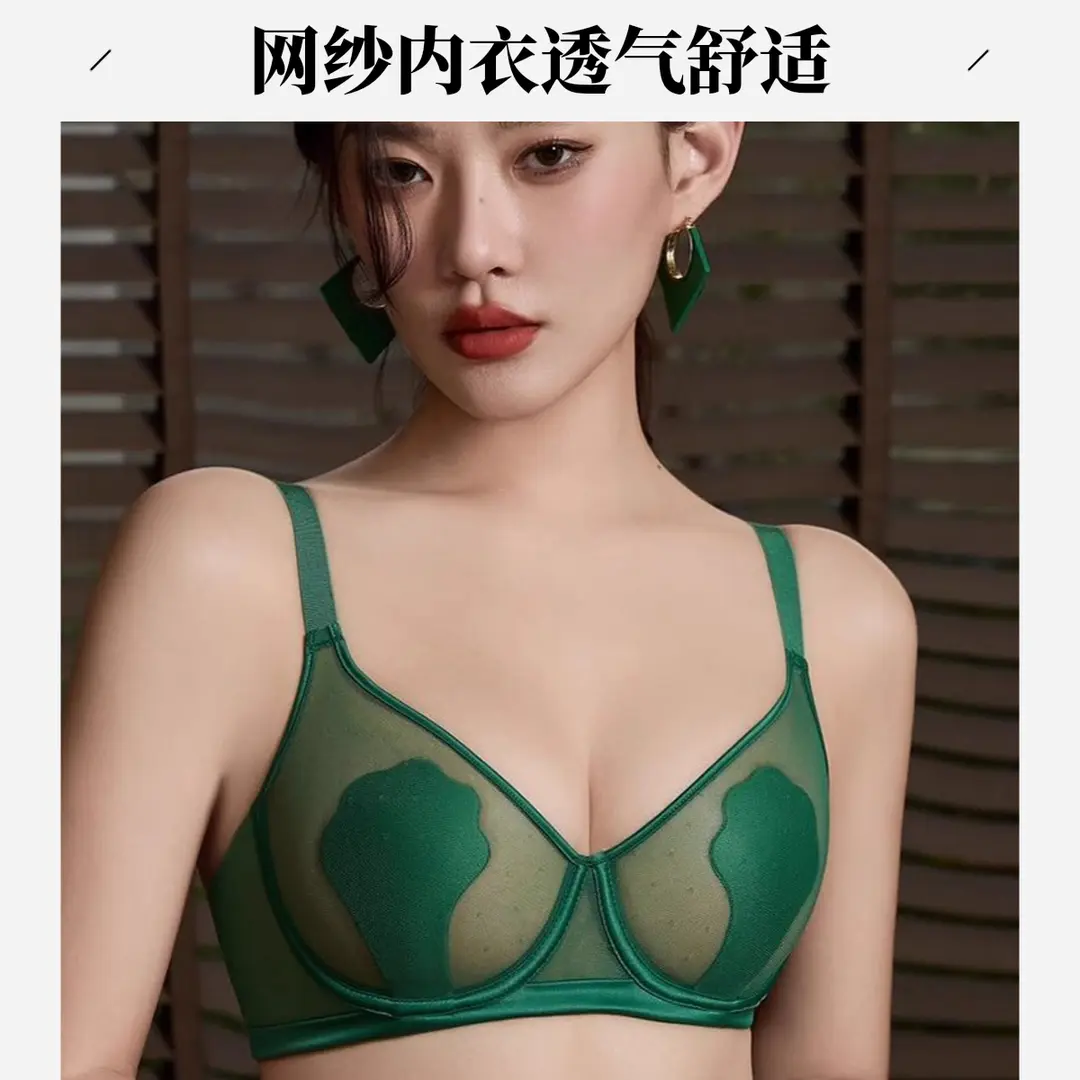 法式夏季薄款网纱欧风蕾丝性感内衣透气大胸显小调整无痕舒适文胸