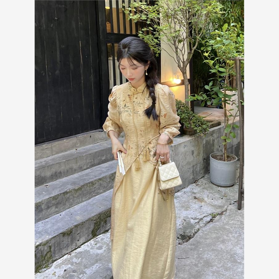 秋冬新中式复古文艺国风收腰长袖少女旗袍连衣裙