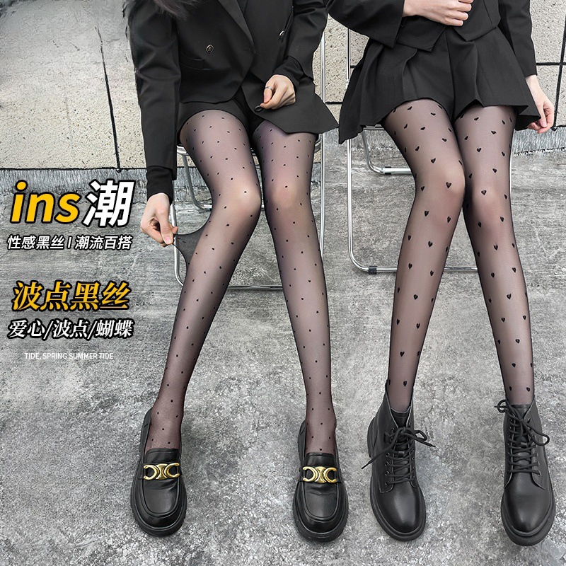 夏季超薄黑丝白丝连裤袜女jk提花波点蝴蝶结爱心圆点薄款性感