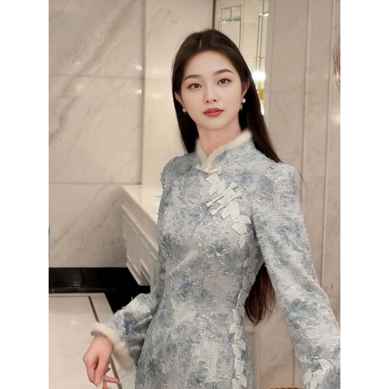 【望舒】新中式重工晕染改良旗袍女秋冬加绒加厚拼接连衣裙两件套
