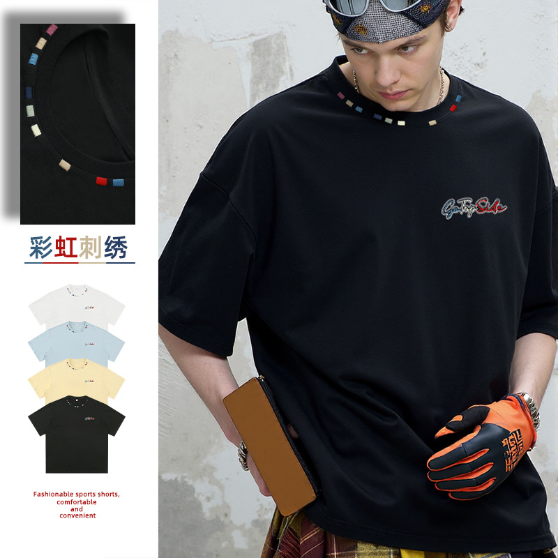 撞色彩绣纯棉短袖T恤男夏