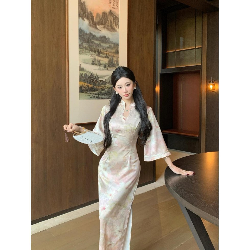 新中式国风荷花倒大袖温柔粉色水滴领旗袍收腰修身显瘦开衩连衣裙