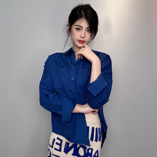 实拍韩国东大门休闲克莱因蓝韩范双口袋宽松显瘦百搭长袖 女潮 衬衫