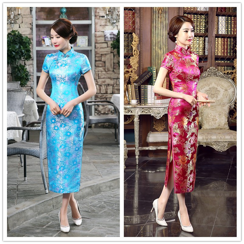 粉红旗袍长款织锦缎开叉