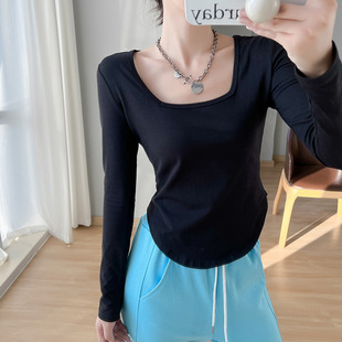 上衣女纯色气质棉质T恤TS2170 长袖 新款 2023年方领扇形下摆修身