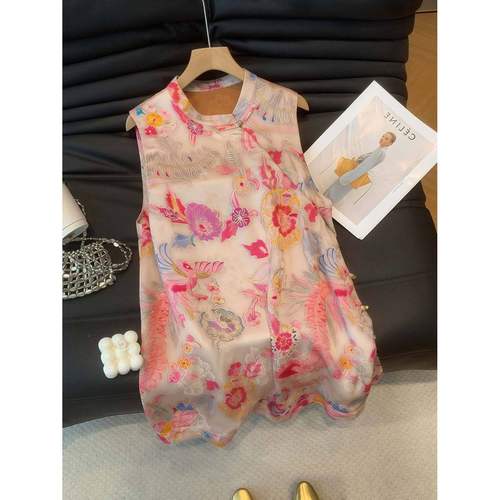 新中式粉色印花斜襟无袖衬衫夏季中长款下摆上衣复古改良旗袍马甲