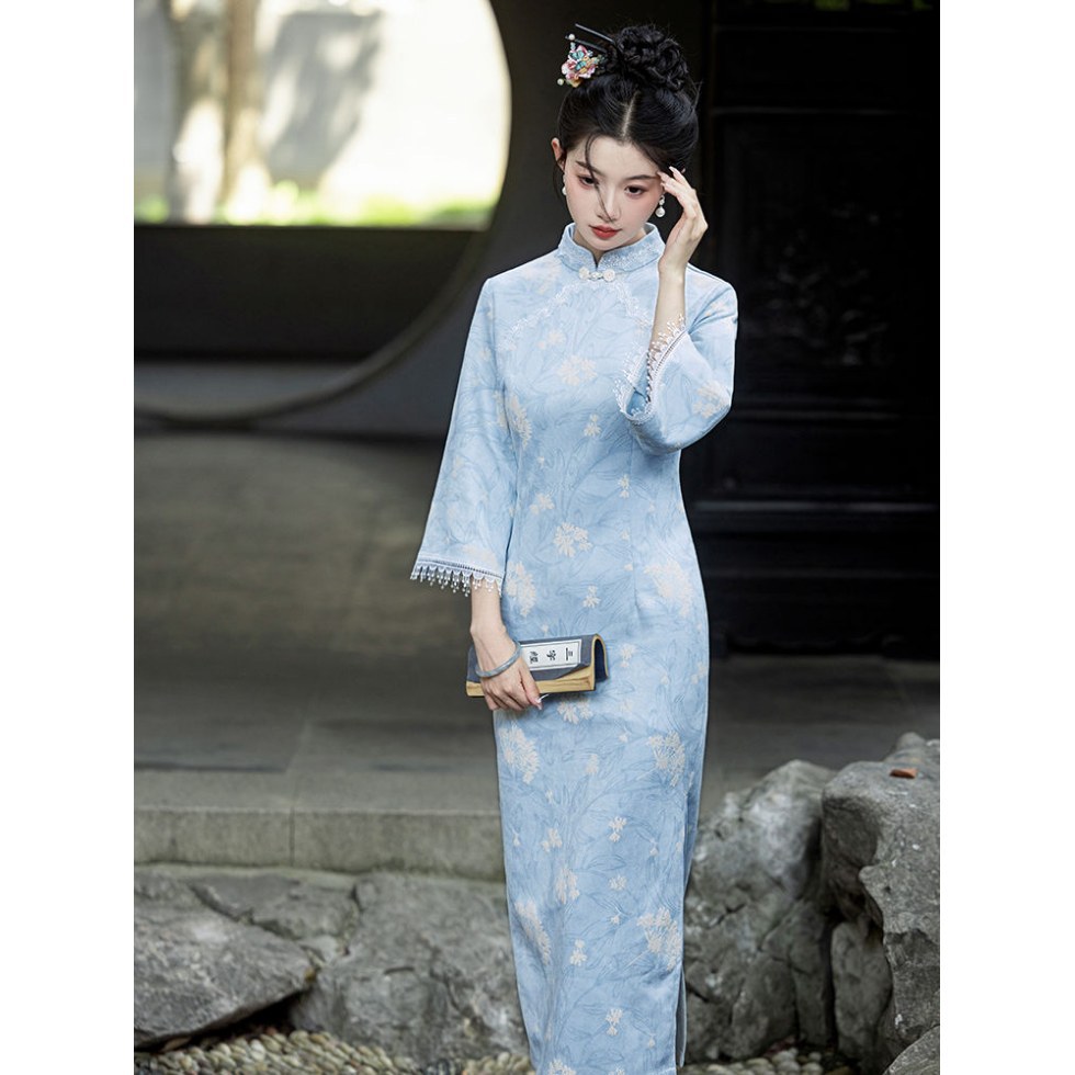 改良旗袍女新中式年轻款高端气质连衣裙2025新款秋冬蓝色改良少女