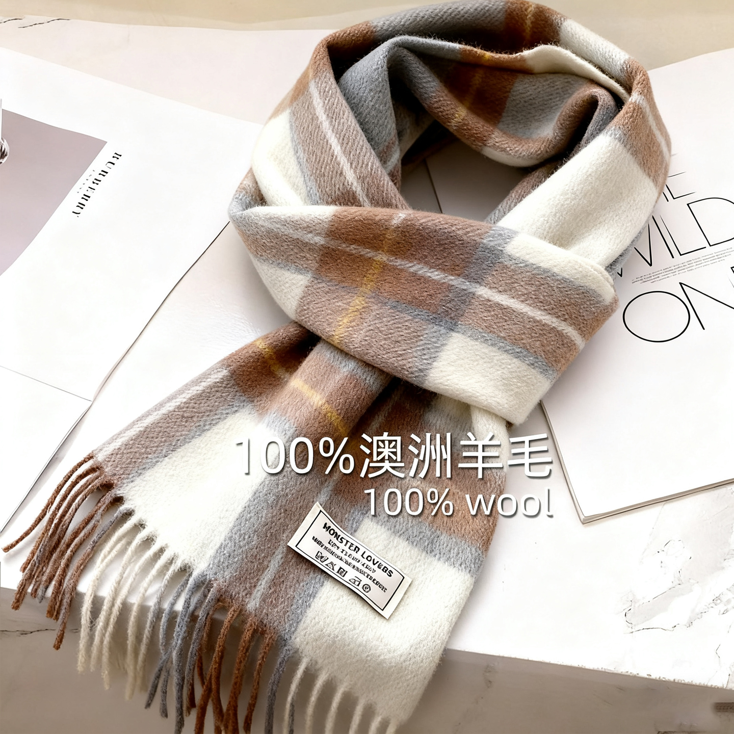 100%澳洲wool纯羊毛格子围巾