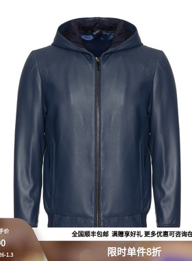 RARE威雅男装奥莱蓝色皮衣连帽休闲夹克外套男真皮皮衣潮