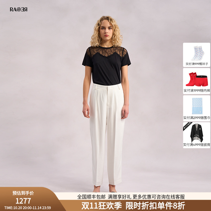 RARE威雅女装黑色蕾丝短袖T恤