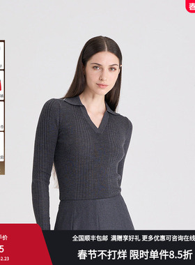 RARE威雅女装 秋冬Y字翻领炭灰色长袖羊毛衫RR2246241336