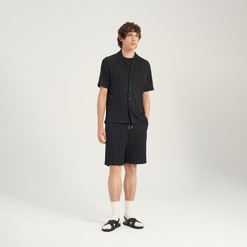 RARE威雅男装夏季黑色舒适休闲风清凉纯色竖条纹提花短袖衬衫,男装,时尚套装,淘宝优惠券,粉丝福利购,淘宝优惠卷