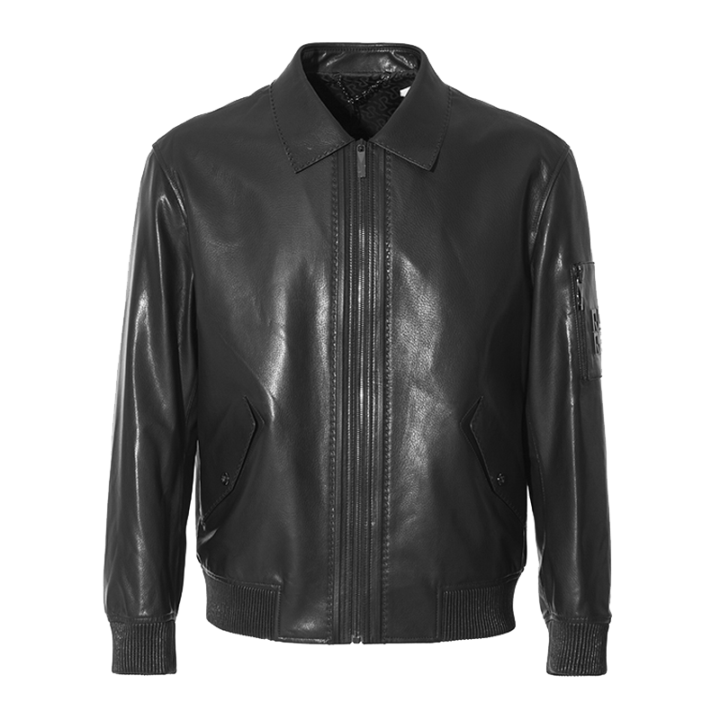 RARE威雅男装奥莱秋冬男士外套黑色翻领工艺休闲机车风皮衣