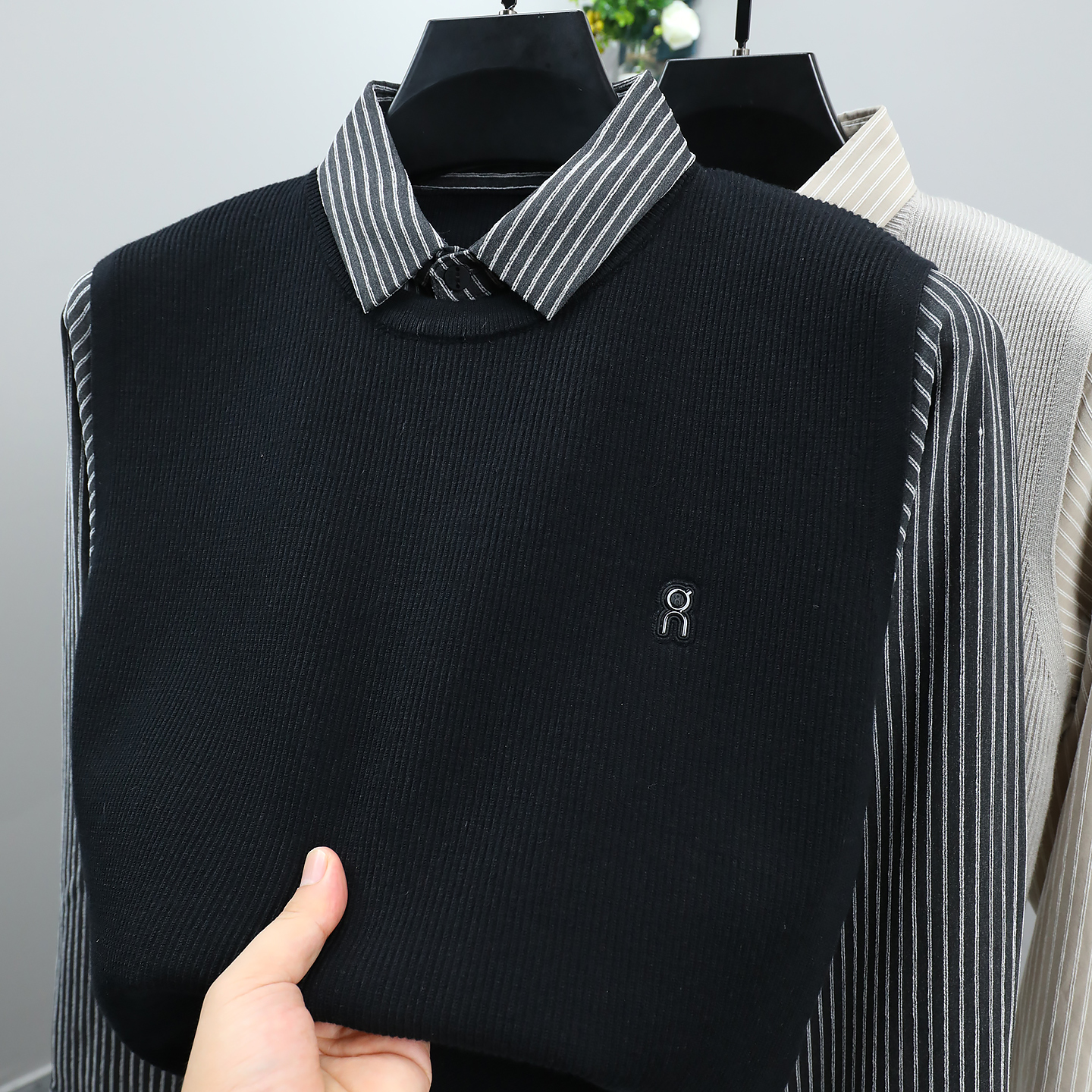 假两件毛衣男款衬衫领2025秋冬季条纹商务休闲针织打底衫男士上衣