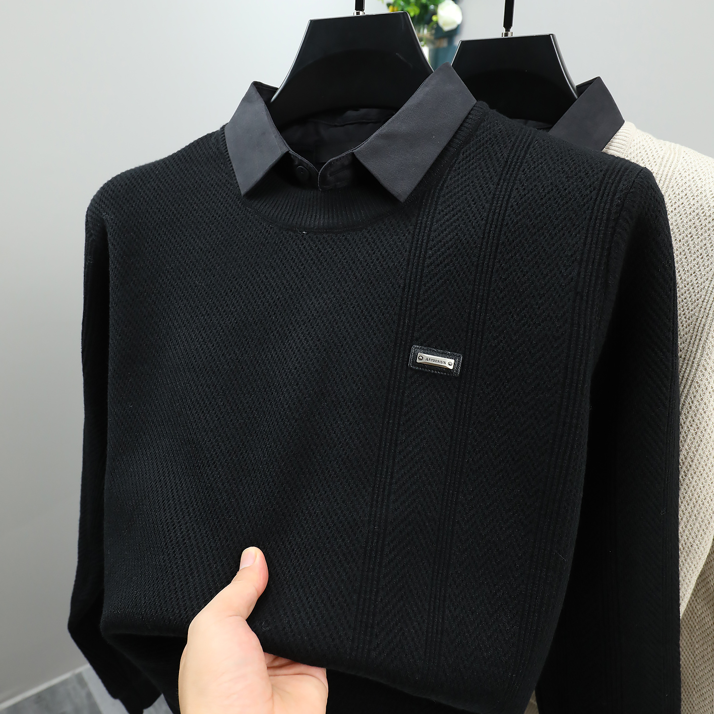 男士假两件毛衣衬衫领秋冬季