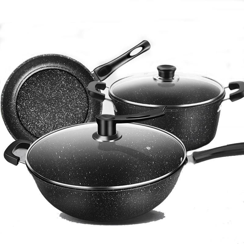 cooking pot 3set frying pan 麦饭石不粘锅套装家用汤锅煎锅炒锅