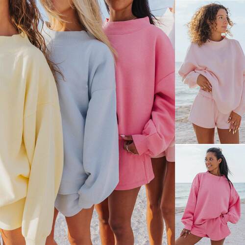 Long sleeved casual shorts set with fleece for women