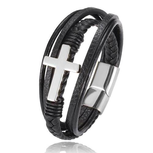 Multilayer Woven Leather Wrap Bracelet for Men Cross Bangle