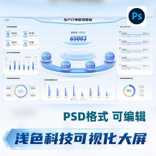 w77浅色可视化大屏模板大数据科技生产订单管理平台psd界面源文件
