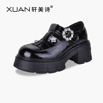 轩美诗牛皮女镂空乐福凉鞋2025夏新款水钻厚底超轻罗马鞋40100