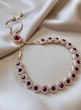 玫瑰金红水晶复古手链女ins小众设计简约冷淡风手镯韩版网红手饰