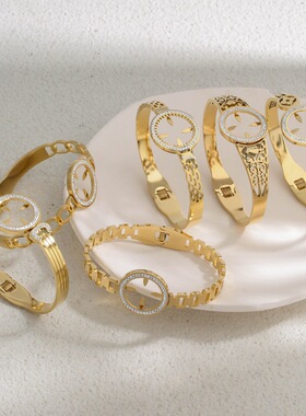 热销时尚手表男女士表头镶满钻金色手环手镯饰品