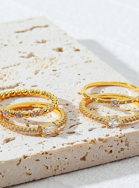 青岛INS饰品直播跨境电商货源铜镶锆石镀18K保色金简约精致戒指