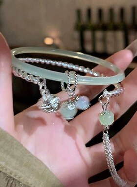 两件套新中式银色开口铃铛流苏手镯手链女款小众叮当素圈镯子手