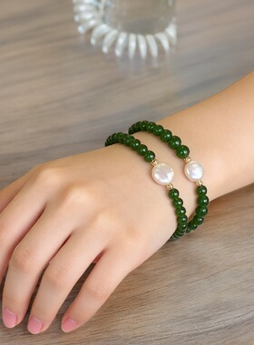 绿玉髓异形巴洛克淡水珍珠手链弹力可调节串珠新中式玛瑙招财猫