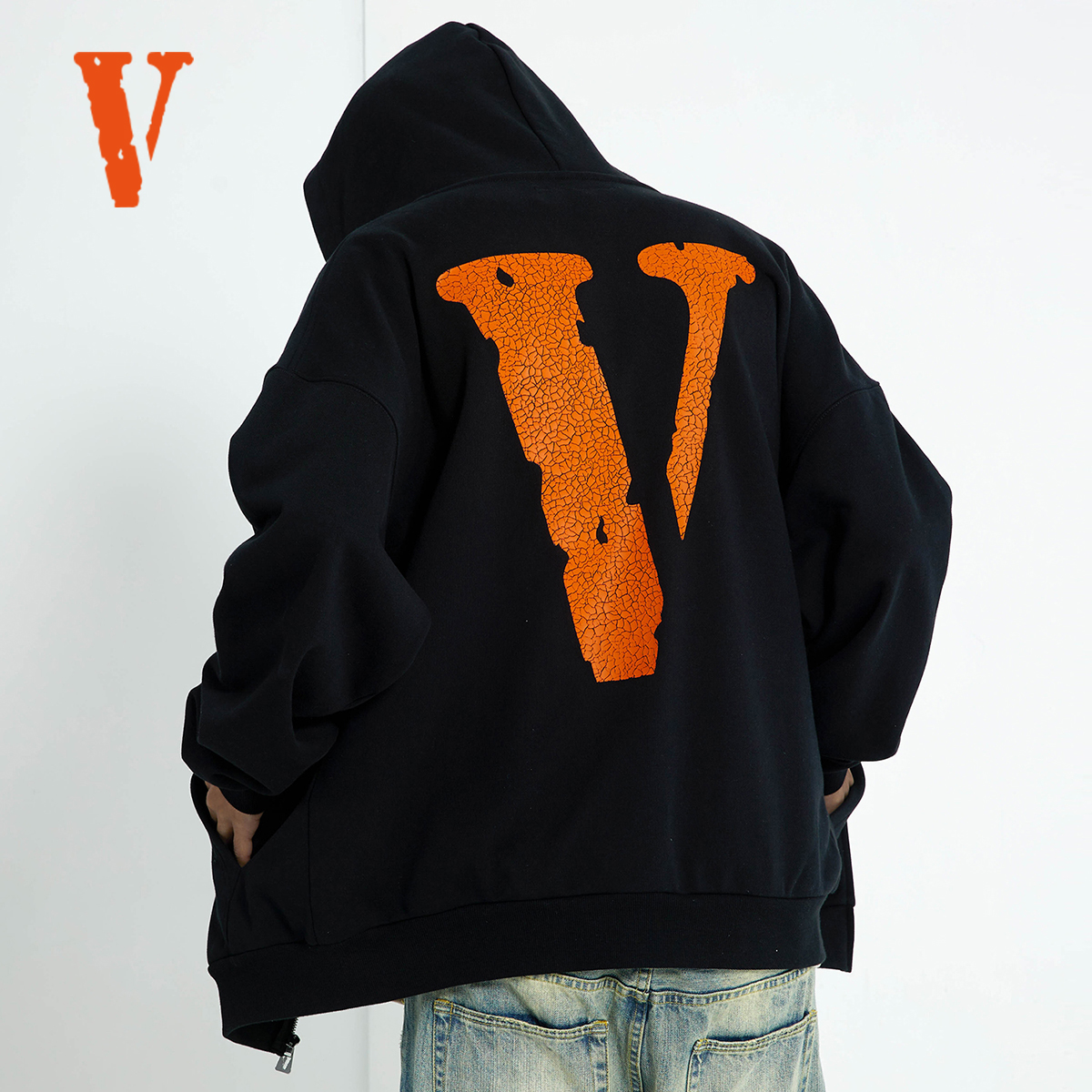 VLONE 爆裂纹印花大VLogo印花宽松拉链连帽卫衣 男女同款