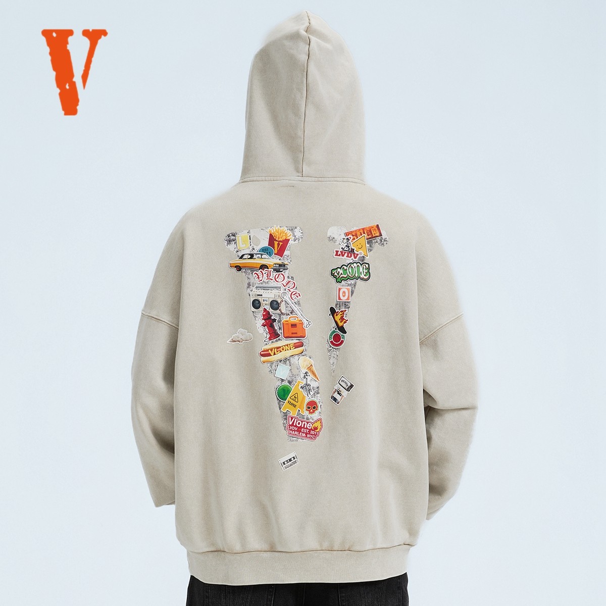 VLONE 贴纸涂鸦大LOGO印花  做旧水洗宽松连帽卫衣 男女同款
