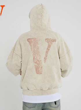 VLONE 指纹大Logo印花水洗宽松连帽卫衣男女同款情侣款 米色 黑色
