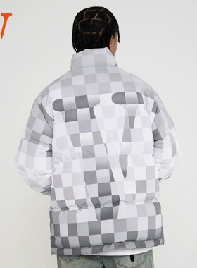 VLONE 渐变棋盘格Logo印花 宽松无帽立领 加厚羽绒服 情侣款 灰色