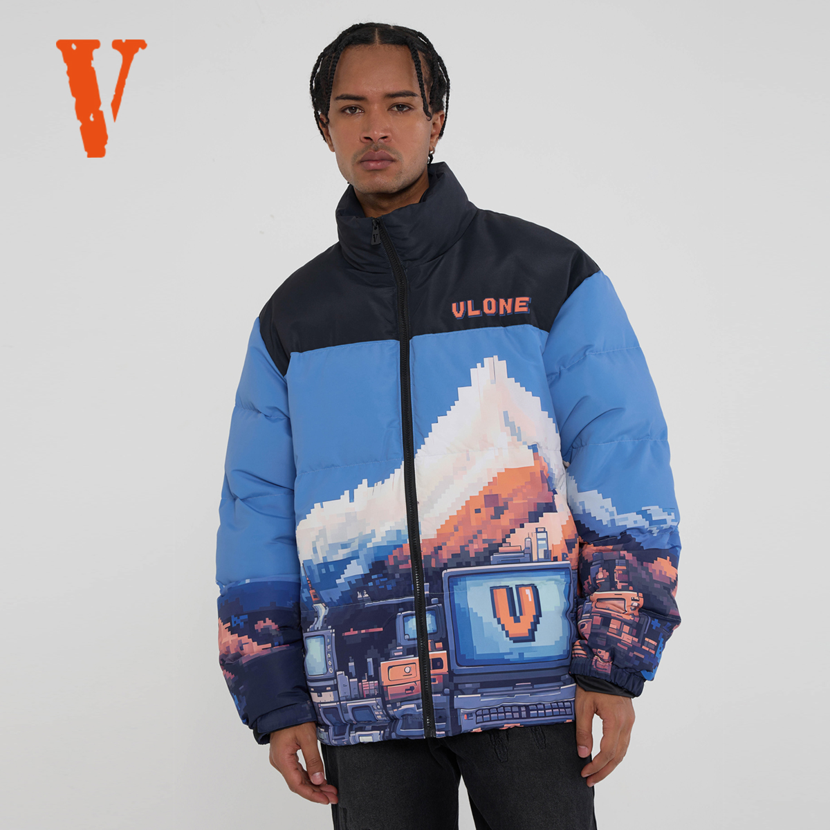 VLONE 拼色像素风Logo雪山印花 宽松立领 加厚羽绒服 男女同款