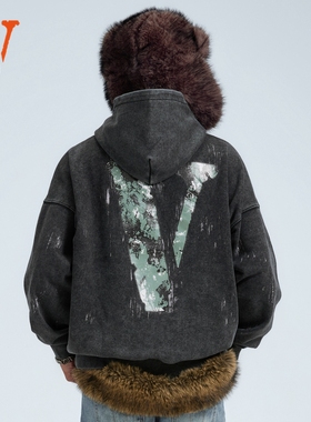 VLONE连帽卫衣男2025新款秋冬季美式高街泼墨刷漆大LOGO印花潮牌