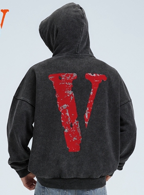 VLONESTAPLEHOODIE斑驳植绒大LOGO印花做旧水洗连帽卫衣男女同款