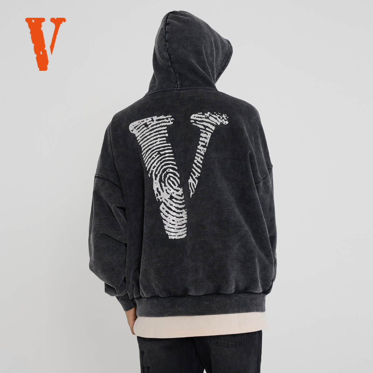 VLONE 指纹大Logo印花水洗宽松连帽卫衣男女同款情侣款 米色 黑色