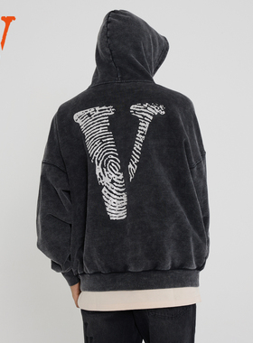 VLONE 指纹大Logo印花水洗宽松连帽卫衣男女同款情侣款 米色 黑色