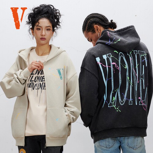 VLONE 潮牌logo拉链连帽卫衣美式街头男女同款帽衫立体涂鸦外套