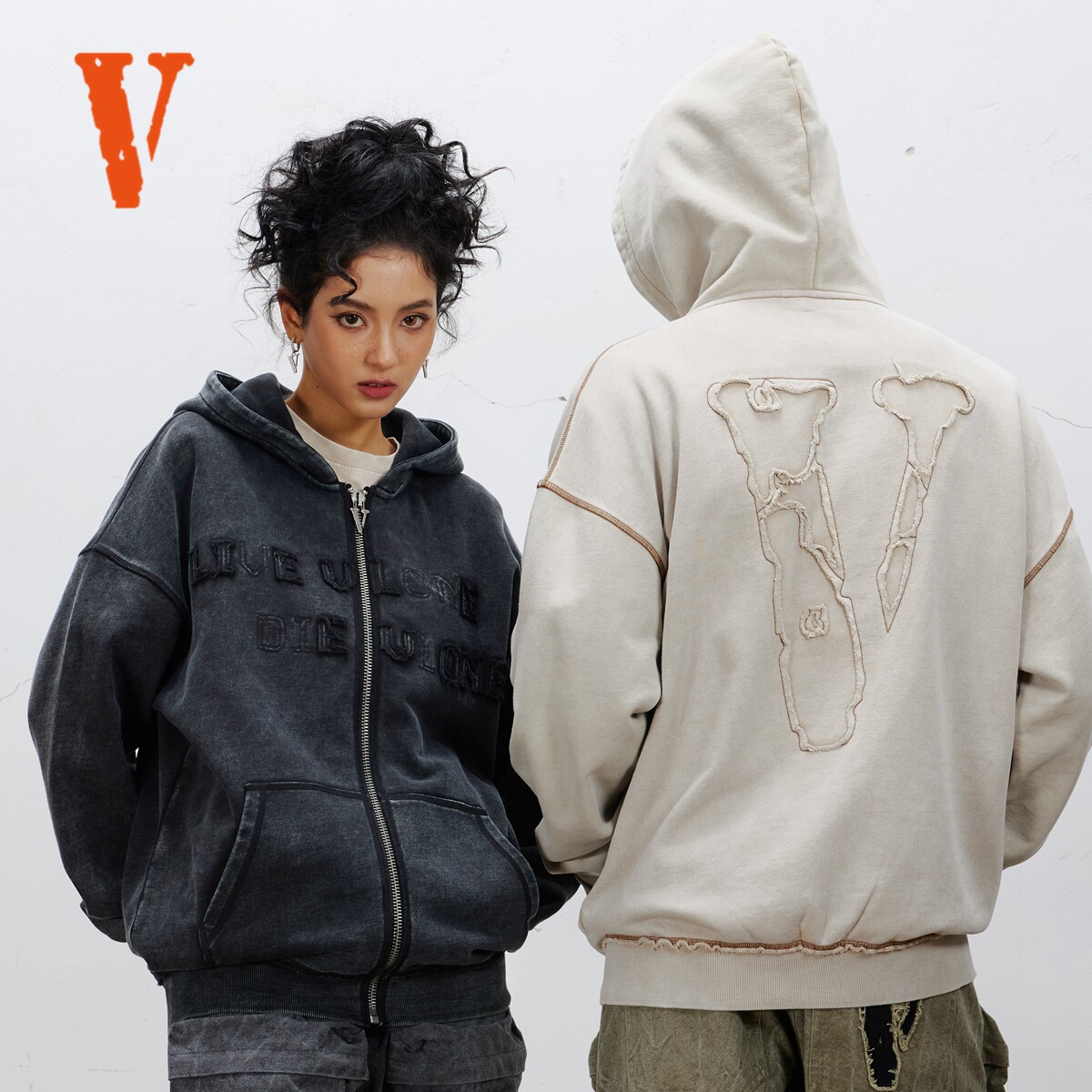 VLONE 大v潮牌拉链卫衣美式街头男女同款帽衫立体贴布绣连帽外套