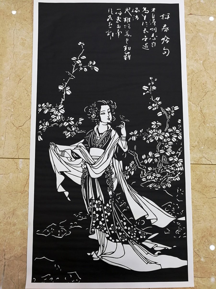 红楼梦人物仕女剪纸底稿古代美女纯手工刻纸图样素材黑白打印底稿