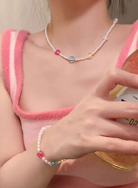 多巴胺少女清新彩色串珠珍珠项链女甜美可爱时尚百搭锁骨链颈链韩