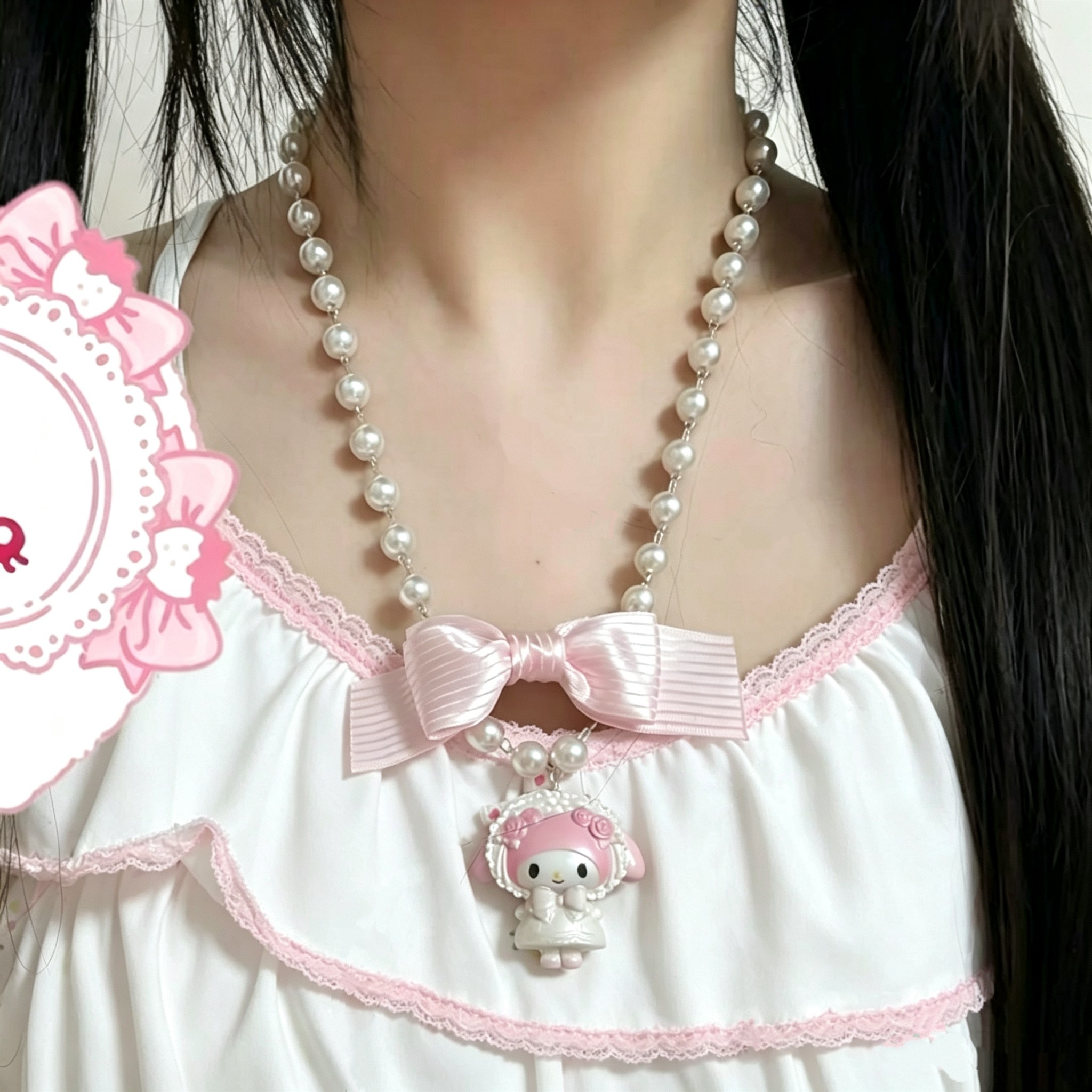 少女软妹甜心萝莉可爱粉色美乐蒂蝴蝶结珍珠项链女lolita时尚颈链