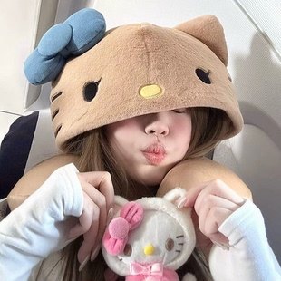 甜美可爱少女心KT猫u型枕头遮光靠枕长途旅行高铁护颈椎休息帽子