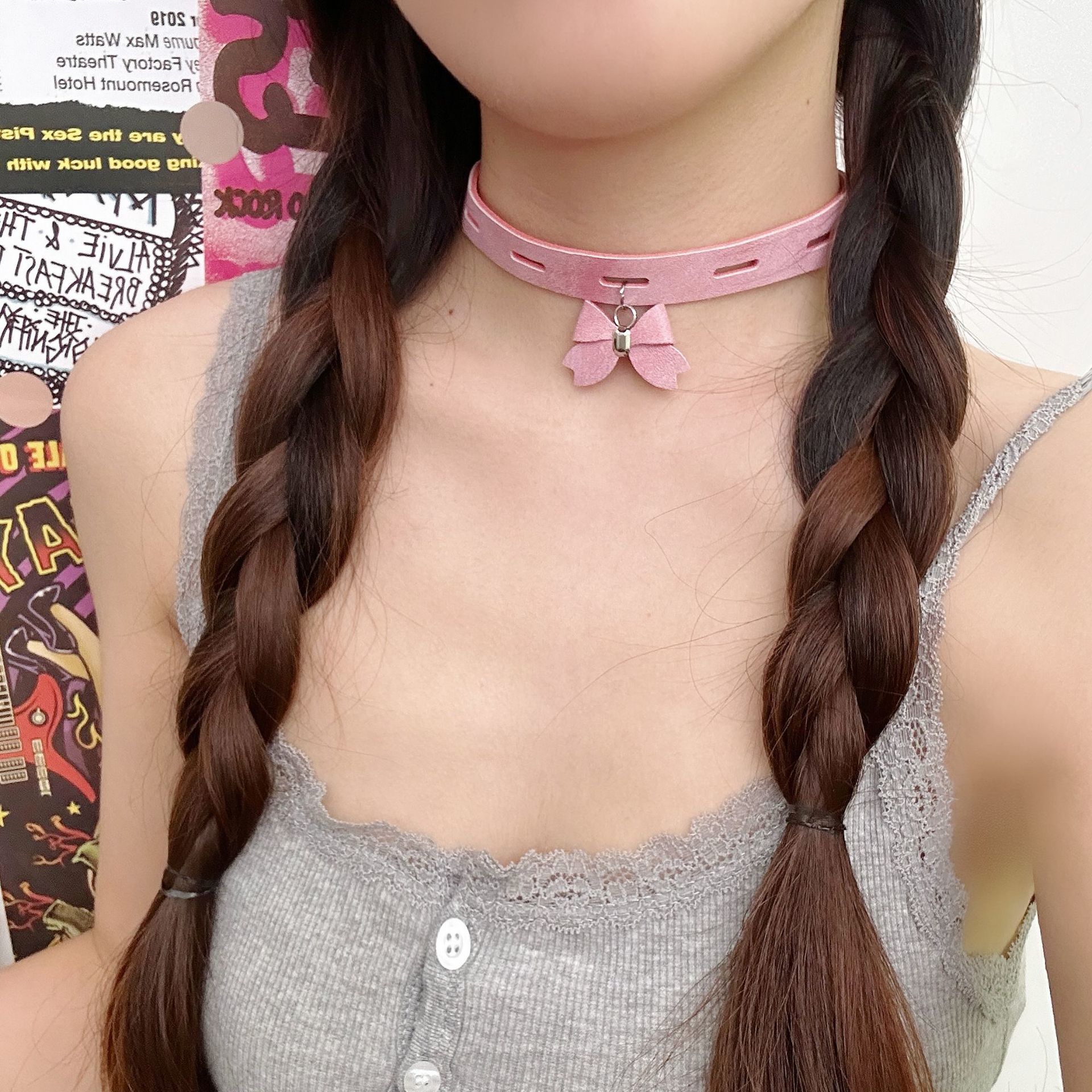 甜妹少女心粉色蝴蝶结皮质项圈项链女多巴胺辣妹时尚锁骨链choker