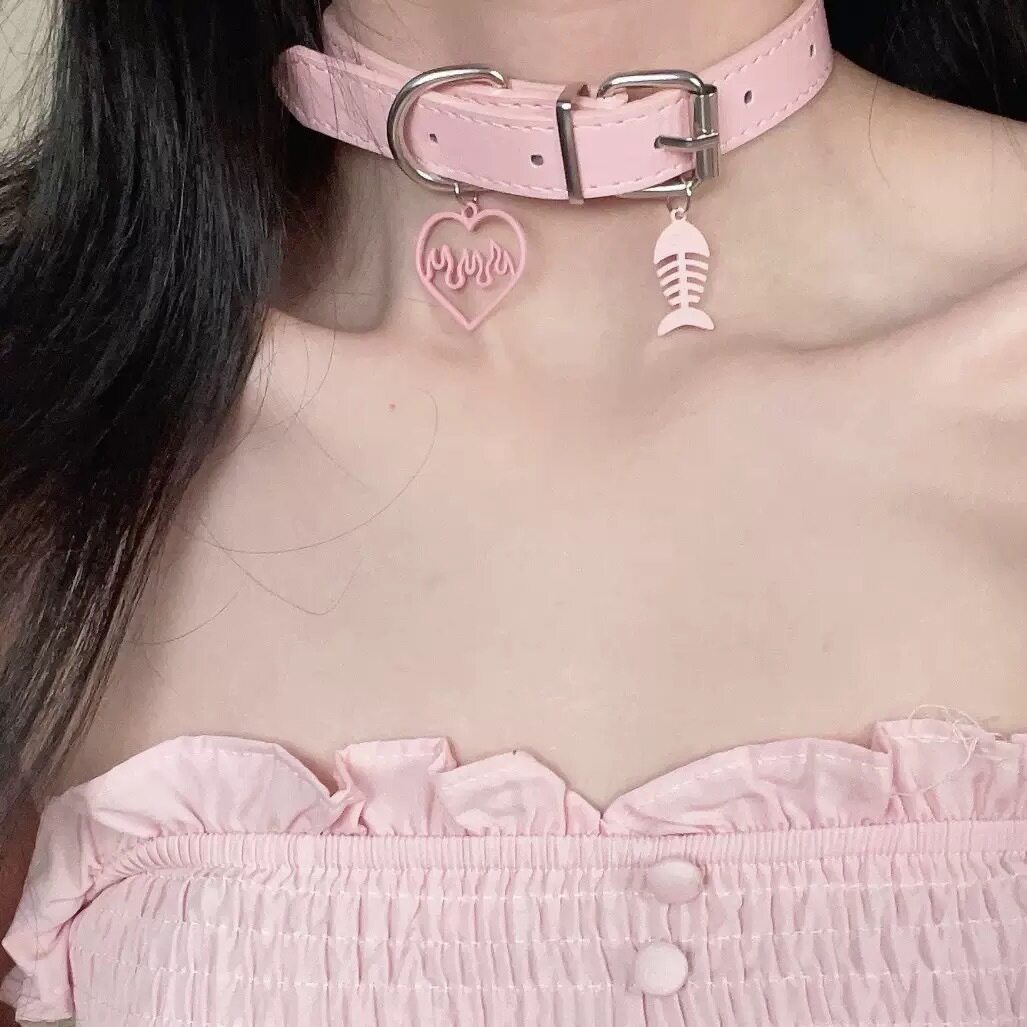 甜酷辣妹粉色鱼骨爱心项链女短款choker个性项圈y2k颈链百搭韩潮